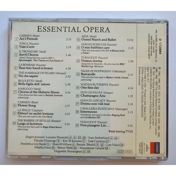 Essential Opera CD By London Featuring Pavarotti Sutherland Domingo Te Kanawa 19 - Picture 3 of 3